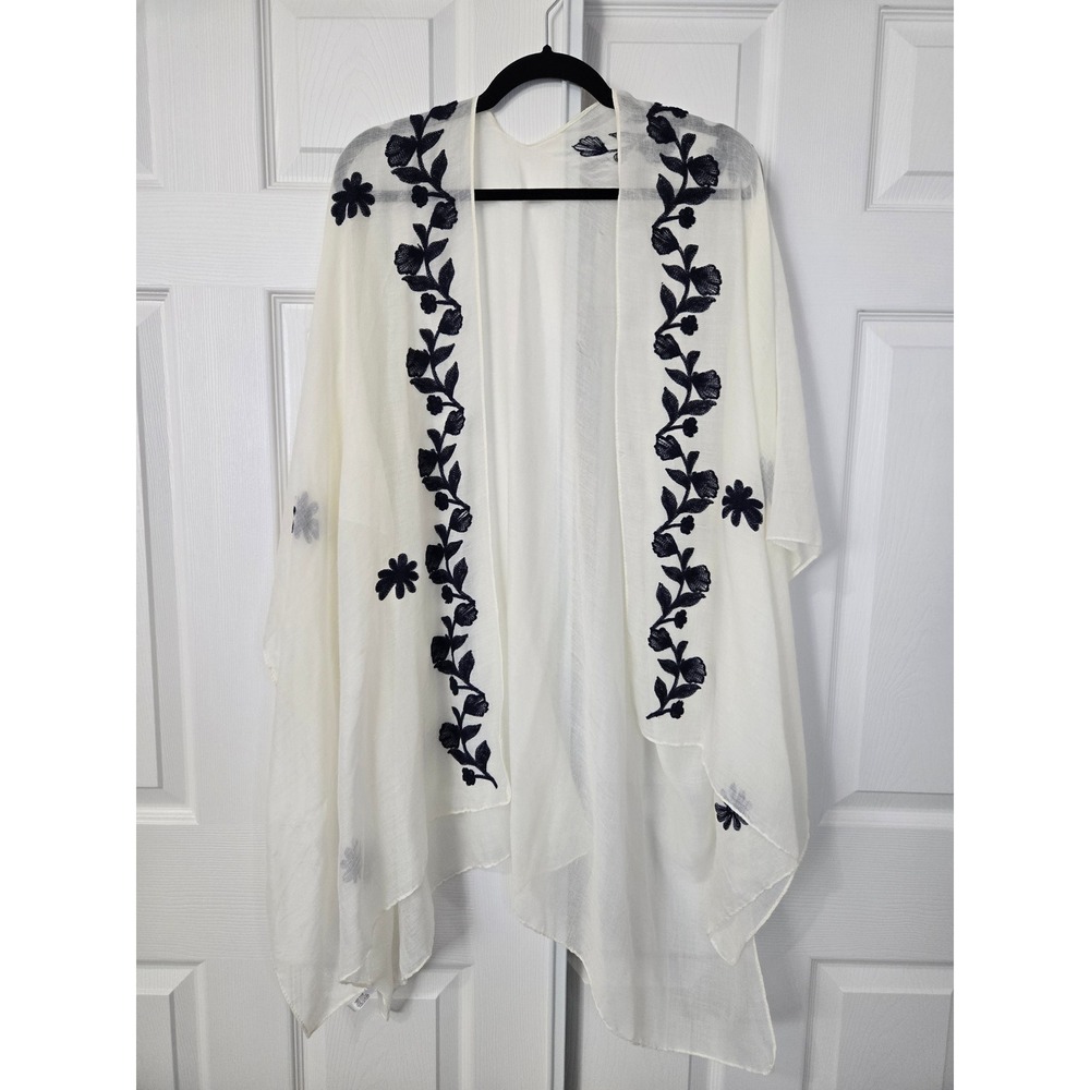 Cream Embroidered Floral Kimono Open Front Boho Wrap Cardigan Cover Up One Size